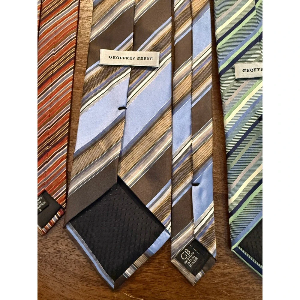 Set of THREE Geoffrey Beene 100% Silk Ties Diagonal Stripe Blue Brown Green Red